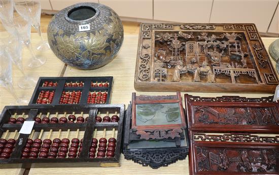 A Chinese silk embroidery, a carved wood panel, an abacus etc